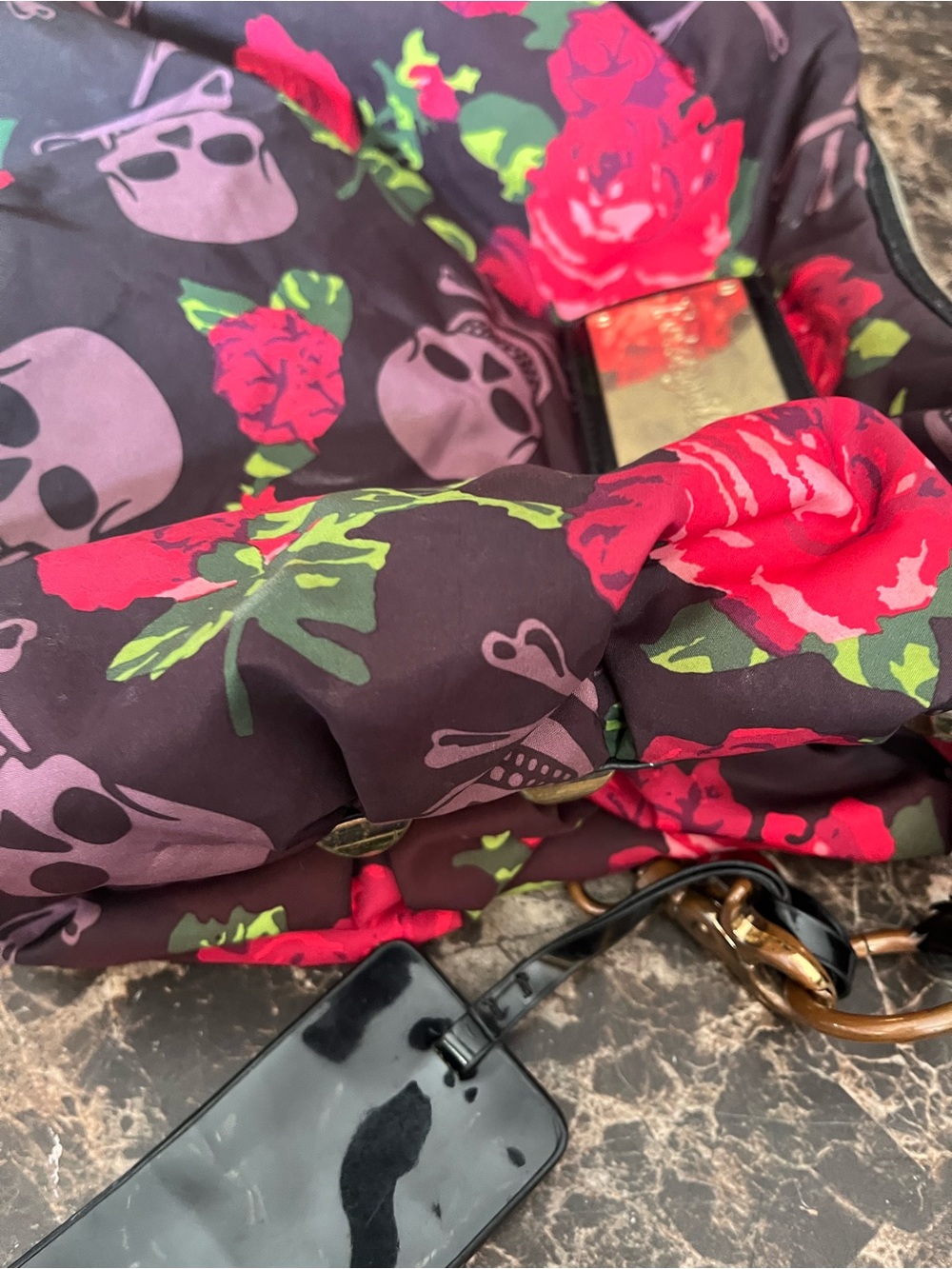 Betsey Johnson Black Shoulder Bag with Red Roses and Pink Skulls Betsyville - Picture 12 of 16
